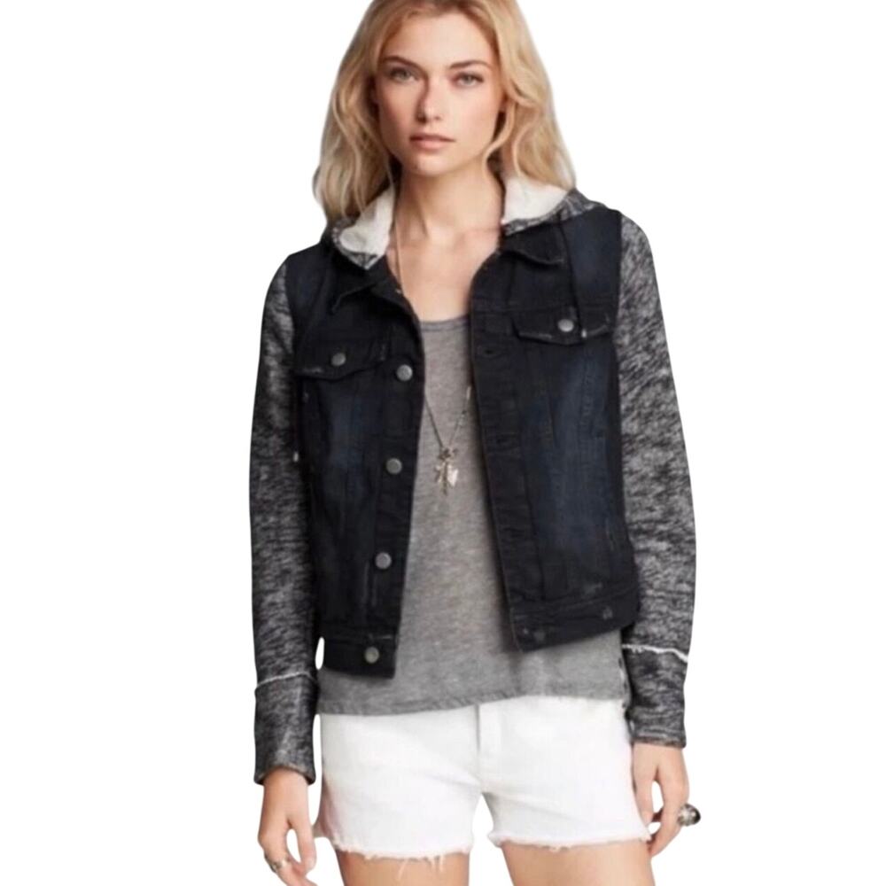FREE PEOPLE Women’s Mixed Media Knit Hooded Distressed Denim Jacket